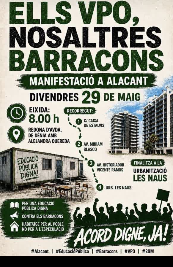Cartell 1 de Manifestació a Alacant contra els barracons i per una educació pública digna
