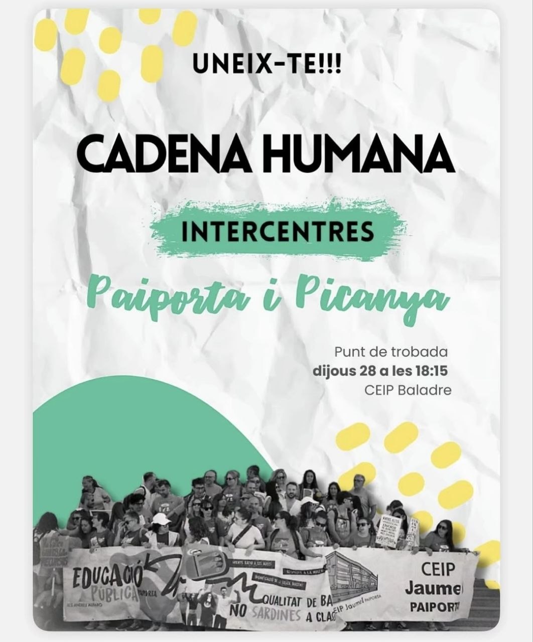 Cartell 1 de Cadena humana intercentres Paiporta i Picanya al CEIP Baladre